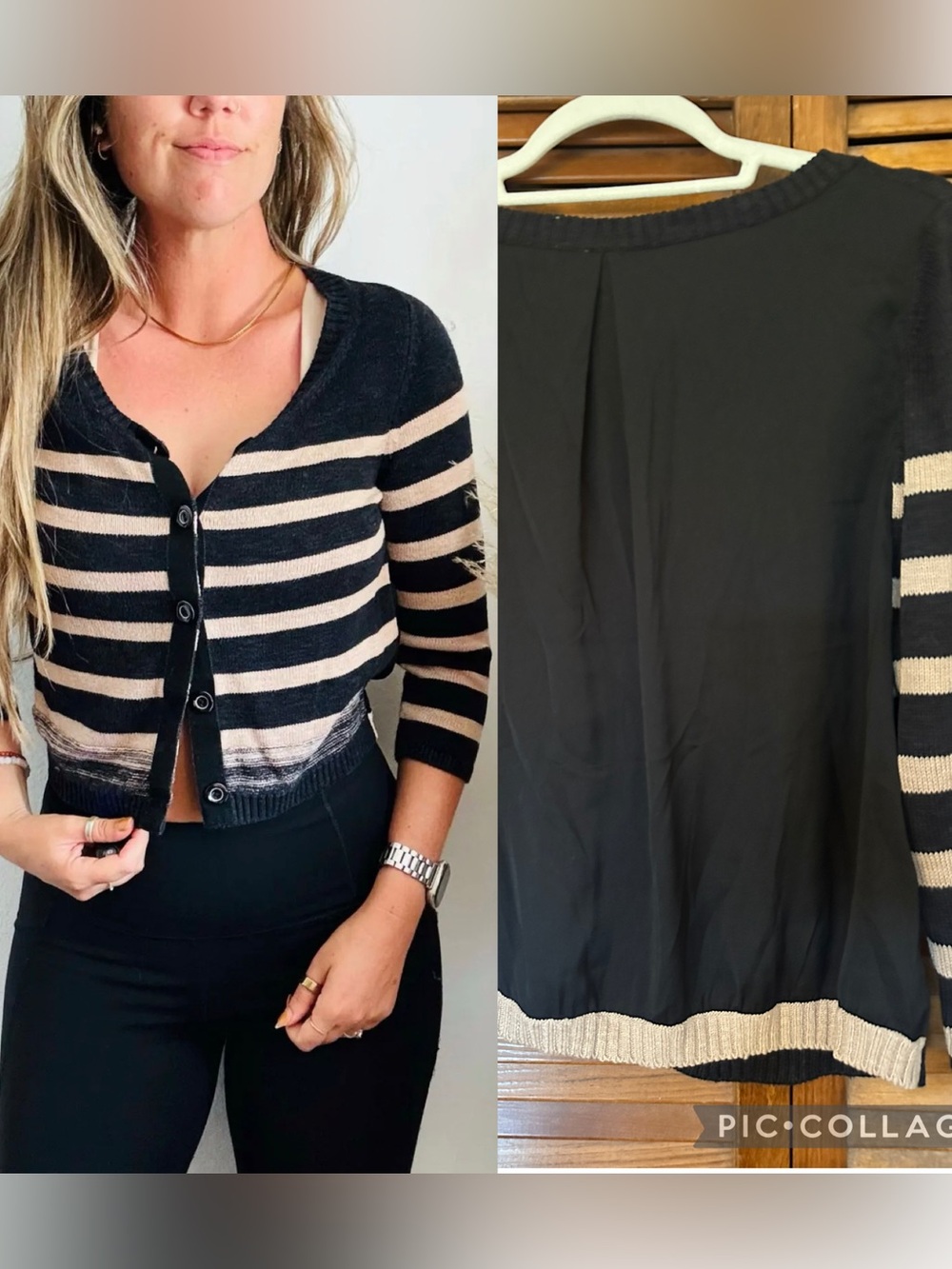 Moth for Anthropologie Black and Tan Striped Cardigan with Chiffon Poly Back